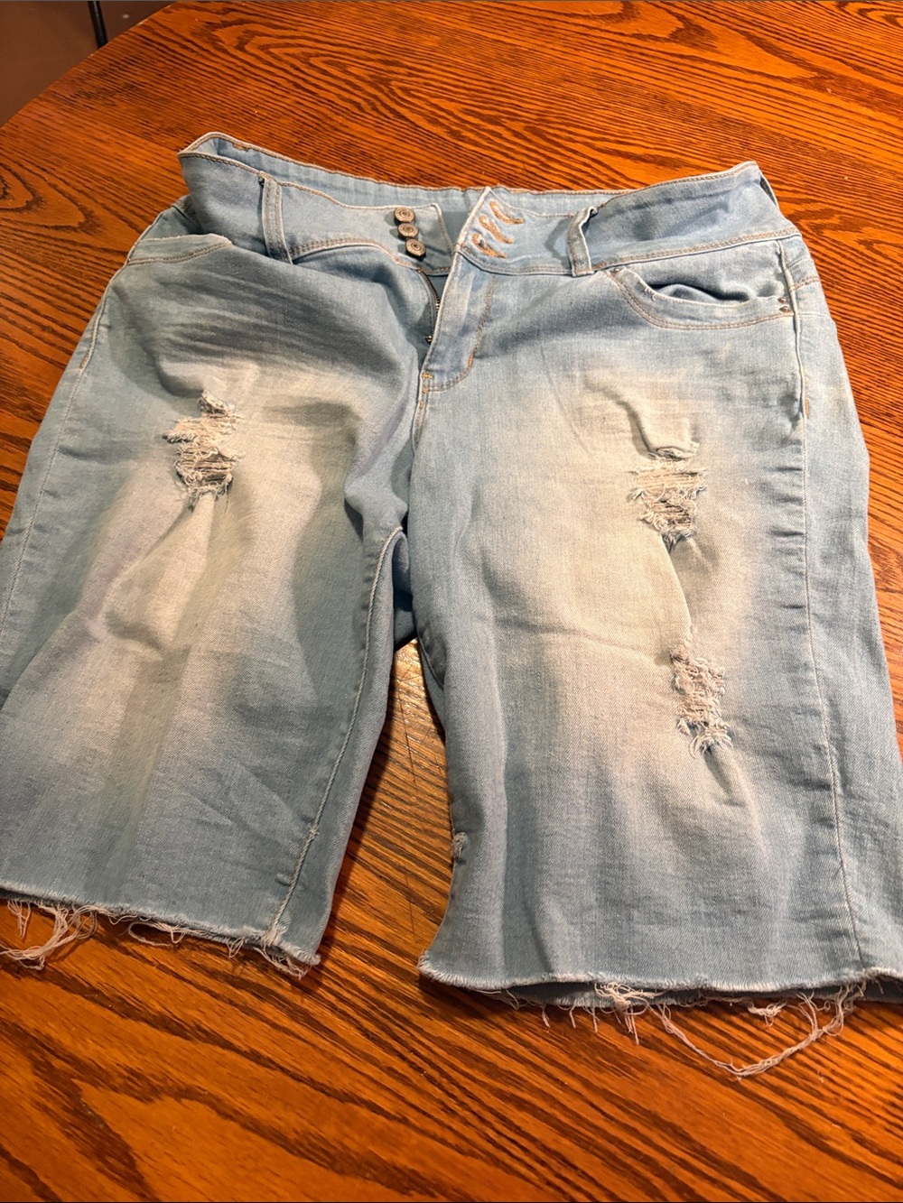 YMI Light Blue Distressed Denim Bermuda Shorts, 75% cotton